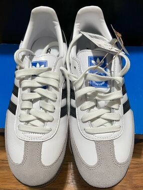 adidas White Sneakers with Black Stripes and Gray Suede Accents